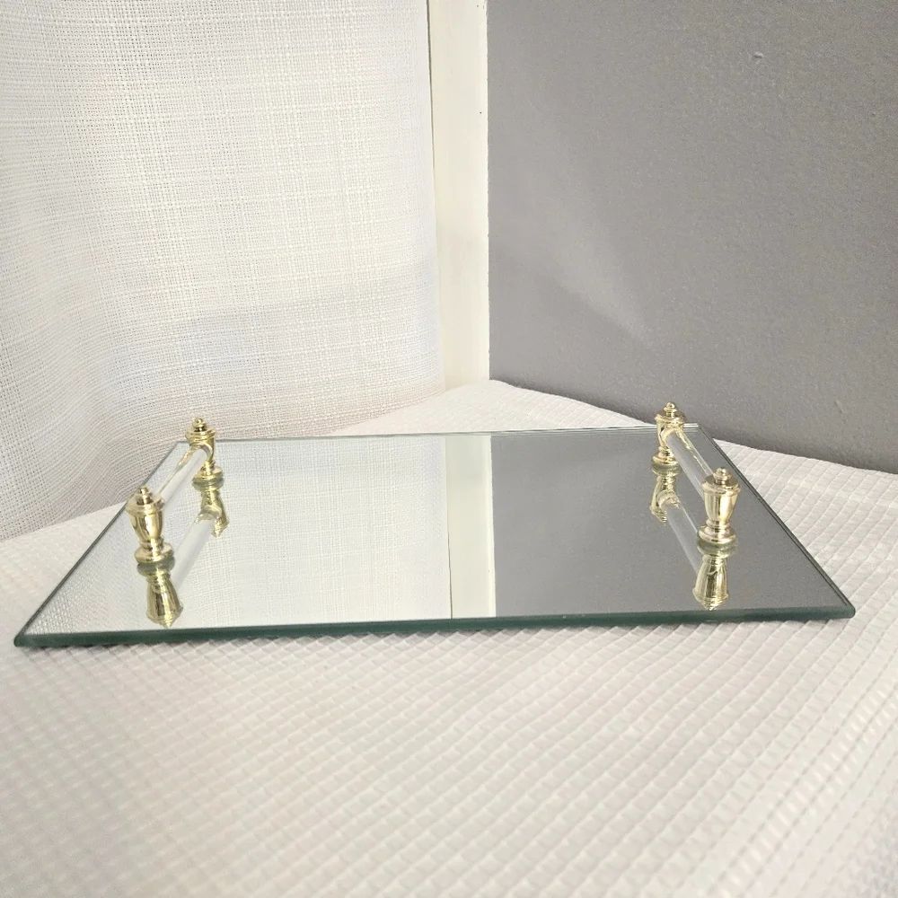 Vtg Mirrored Vanity Dresser Tray Lucite/Glass Handled Gold Accent Retro Bathroom